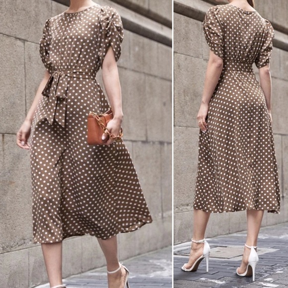 Dresses & Skirts - Ruched Sleeve Belted Polka Dot Dress